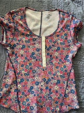 NATURAL LIFE Pink & Blue Floral Scoop Short Sleeve Top